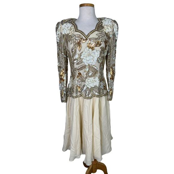 Vintage 80s Sequin Beaded Silk Floral Evening Cocktail Dress Formal Party Midi 6 - Picture 1 of 8
